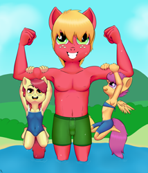 Size: 2400x2800 | Tagged: safe, artist:riscke, apple bloom, big macintosh, scootaloo, earth pony, pegasus, anthro, g4, clothes, female, hanging, high res, lake, male, one-piece swimsuit, pose, spread wings, swimming trunks, swimsuit, trio, two-piece swimsuit, water, wings