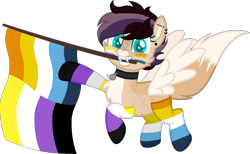 Size: 1466x904 | Tagged: safe, artist:yeetmedownthestairs, oc, oc only, oc:rose, cat, cat pony, original species, pegasus, pony, aroace, aroace pride flag, chest fluff, clothes, collar, commission, ear piercing, earring, face paint, fangs, freckles, grin, horns, jewelry, markings, mouth hold, multicolored hair, nonbinary, nonbinary pride flag, piercing, pride, pride flag, pride month, pride socks, simple background, smiling, socks, solo, striped socks, transparent background, ych result