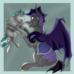 Size: 3000x3000 | Tagged: safe, artist:inisealga, oc, oc:lunar signal, bat pony, bat pony unicorn, hybrid, pony, unicorn, armor, bat pony oc, bat wings, boop, colt, ear tufts, fangs, father and child, father and son, fluffy, foal, high res, holding a pony, horn, male, night guard, night guard armor, playing, royal guard, spread wings, stallion, wings