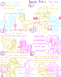 Size: 4779x6013 | Tagged: safe, artist:adorkabletwilightandfriends, carrot cake, cup cake, pinkie pie, earth pony, pony, comic:adorkable twilight and friends, g4, adorkable, adorkable friends, bowtie, butt, comic, cute, dilemma, door, dork, ears back, ears up, female, happy, hat, laughing, male, mare, money, nervous, plot, rent, sad, slice of life, stallion, sweat, sweatdrop, upset, watching