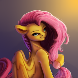 Size: 4000x4000 | Tagged: safe, artist:miokomata, fluttershy, pegasus, pony, g4, absurd resolution, colored hooves, cute, cute little fangs, fangs, female, freckles, freckleshy, grin, looking at you, looking back, looking back at you, mare, smiling, solo