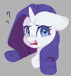 Size: 976x1046 | Tagged: safe, artist:melodylibris, rarity, pony, unicorn, g4, bust, confused, faic, female, floppy ears, gray background, looking at you, mare, open mouth, question mark, simple background, solo