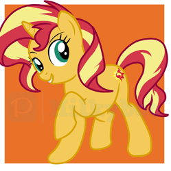 Size: 5072x5096 | Tagged: safe, artist:milkyboo898, sunset shimmer, pony, unicorn, g4, absurd resolution, female, grin, hooves, horn, mare, orange background, raised hoof, simple background, smiling, solo, standing, tail, two toned mane, two toned tail, watermark