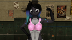 Size: 1280x720 | Tagged: safe, artist:aidenrin, oc, oc:alissa, earth pony, anthro, g4, 3d, arm, belly, belly button, clothes, community related, flexing, looking at you, pale belly, solo, sports bra, star mark, stars