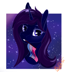 Size: 2052x2264 | Tagged: safe, artist:bydena, oc, alicorn, pony, avatar, bisexual pride flag, blue eyes, bust, female, headshot commission, high res, horn, pride, pride flag, pride month, purple hair