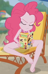 Size: 472x724 | Tagged: safe, pinkie pie, human, equestria girls, friendship math, g4, my little pony equestria girls: better together, bare shoulders, barefoot, clothes, feet, one-piece swimsuit, pinkie pie swimsuit, sleeveless, solo, swimsuit
