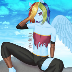 Size: 1280x1280 | Tagged: safe, artist:wraith148, part of a set, rainbow dash, pegasus, anthro, g4, abs, ass, belly, butt, clothes, dungeons and dragons, fantasy class, gloves, hair over one eye, long gloves, pen and paper rpg, rogue, rpg, solo, spread legs, spread wings, spreading, wings