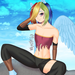 Size: 1280x1280 | Tagged: safe, artist:wraith148, part of a set, rainbow dash, human, pegasus, g4, abs, ass, belly button, butt, clothes, dungeons and dragons, eared humanization, fantasy class, gloves, hair over one eye, humanized, leggings, long gloves, pen and paper rpg, pony ears, rogue, rpg, solo, spread wings, winged humanization, wings