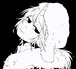 Size: 2200x2000 | Tagged: safe, artist:etoz, oc, oc only, oc:etoz, pony, unicorn, anime, black and white, black background, bungou stray dogs, bust, clothes, cosplay, costume, fur, fyodor dostoevsky, grayscale, hat, high res, horn, looking at you, monochrome, shirt, simple background, smiling, smiling at you, solo, unicorn oc, ushanka