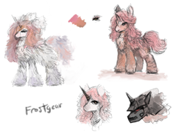 Size: 1287x981 | Tagged: safe, artist:frostgear, pony, bust, chest fluff, colored, ear fluff, female, fluffy, helmet, horn, pink hair, pink mane, portrait, red eyes, simple background, solo, standing, white background