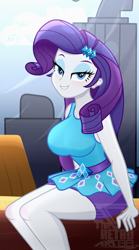 Size: 1992x3585 | Tagged: safe, artist:theretroart88, rarity, human, best trends forever, equestria girls, g4, my little pony equestria girls: better together, bedroom eyes, big breasts, breasts, busty rarity, clothes, female, grin, looking at you, rarity peplum dress, sexy, sitting, smiling, solo, stupid sexy rarity, sultry pose, watermark