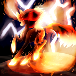Size: 5800x5800 | Tagged: safe, artist:florarena-kitasatina/dragonborne fox, oc, oc only, oc:crimson flame, pony, unicorn, absurd resolution, fire, galloping, lightning, mane of fire, my eyes, quill, signature, watermark, white hot hooves, why
