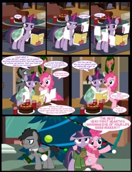 Size: 1042x1358 | Tagged: safe, artist:dendoctor, doctor whooves, mean twilight sparkle, pinkie pie, time turner, alicorn, earth pony, pegasus, pony, comic:clone.., g4, alcohol, alternate universe, bauble, black forest cake, blanket, blushing, cake, christmas, christmas lights, christmas tree, clone, clothes, comic, decoration, discord whooves, discorded whooves, drunk, female, floppy ears, folder, food, glass, glowing, glowing horn, hearth's warming eve, holiday, horn, magic, male, mare, pinkie clone, scarf, stallion, sweater, telekinesis, the doctor, tree, twilight sparkle (alicorn), wreath