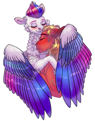 Size: 1280x1635 | Tagged: safe, artist:malinraf1615, sprout cloverleaf, zipp storm, earth pony, pegasus, pony, g5, chest fluff, colored wings, content, cuddling, female, floppy ears, hug, male, mare, multicolored wings, ship:cloverstorm, shipping, simple background, smiling, stallion, straight, transparent background, wings