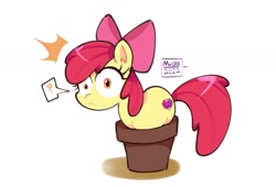 Size: 1992x1356 | Tagged: safe, artist:mar0x8, apple bloom, earth pony, pony, g4, emanata, female, filly, foal, plant pot, question mark, shocked, simple background, solo, white background, wide eyes