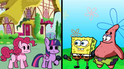 Size: 959x537 | Tagged: safe, artist:sevacav1543, pinkie pie, twilight sparkle, alicorn, earth pony, pony, starfish, g4, crossover, female, male, mare, microphone, patrick star, ponyville, sponge, spongebob squarepants, spongebob squarepants (character), twilight sparkle (alicorn)
