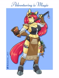 Size: 3072x4096 | Tagged: safe, artist:ambris, apple bloom, earth pony, anthro, unguligrade anthro, adventuring is magic, g4, artificer, belt, breasts, busty apple bloom, chains, cleavage, clothes, dungeons and dragons, ear piercing, earring, fantasy class, female, goggles, hammer, herbs, jewelry, makeup, older, older apple bloom, pen and paper rpg, piercing, potions, ring, rpg, sabaton, shirt, socks, solo, stockings, thigh highs, wrench