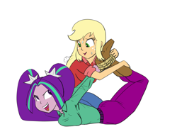 Size: 3156x2382 | Tagged: safe, artist:carnifex, applejack, aria blaze, human, equestria girls, g4, ariajack, ass, belt, bondage, boots, breasts, butt, clothes, denim, duo, duo female, exhausted, female, freckles, high heel boots, high res, hogtied, jeans, kneeling, lesbian, lying down, open mouth, open smile, pants, prone, rope, shipping, shoes, sigh, simple background, smiling, sweat, white background