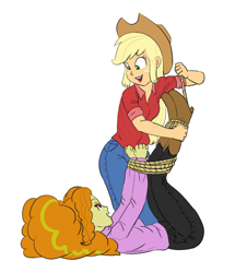 Size: 3424x3793 | Tagged: safe, artist:carnifex, adagio dazzle, applejack, human, equestria girls, g4, applejack's hat, bedroom eyes, bondage, boots, clothes, commission, cowboy hat, dazzlejack, denim, duo, female, freckles, hat, high heel boots, high res, hogtied, jeans, kneeling, lesbian, lying down, on back, open mouth, pants, rope, rope bondage, shipping, shirt, shoes, simple background, sweater, white background