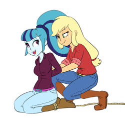 Size: 3272x3210 | Tagged: safe, artist:carnifex, applejack, sonata dusk, human, equestria girls, g4, arm behind back, bedroom eyes, belt, bondage, boots, clothes, cowboy boots, denim, duo, female, freckles, happy bondage, high heel boots, high res, jeans, kneeling, lesbian, open mouth, open smile, pants, rope, rope bondage, shirt, shoes, simple background, smiling, sonatajack, tied up, white background