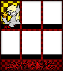 Size: 1558x1780 | Tagged: safe, artist:xxv4mp_g4z3rxx, derpy hooves, pegasus, pony, g4, blonde mane, checkered background, female, food, muffin, signature, six fanarts, solo, text, yellow eyes