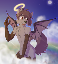 Size: 2800x3080 | Tagged: safe, artist:punk-pegasus, oc, oc only, oc:nyn indigo, bat pony, hybrid, timber wolf, anthro, bat wings, cloud, flying, halo, high res, in memoriam, male, memorial, moon, rest in peace, solo, wings