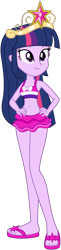 Size: 588x2426 | Tagged: safe, artist:fireluigi29, twilight sparkle, human, equestria girls, g4, bare shoulders, belly button, big crown thingy, clothes, element of magic, feet, female, hand on hip, jewelry, regalia, sandals, simple background, sleeveless, solo, swimsuit, transparent background