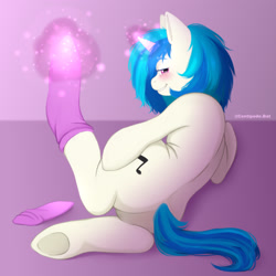 Size: 1280x1280 | Tagged: dead source, safe, artist:centipede.bat, dj pon-3, vinyl scratch, pony, unicorn, g4, blushing, butt, clothes, female, flank, looking at you, looking back, looking back at you, magic, magic aura, mare, plot, smiling, socks, solo, underhoof, undressing, vinyl ass