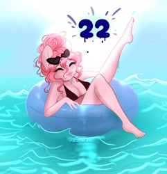 Size: 1976x2048 | Tagged: safe, artist:cherubisous, oc, oc only, oc:angelic grace (a.k.a bliss), pegasus, anthro, plantigrade anthro, bikini, breasts, cleavage, clothes, eyes closed, female, inner tube, smiling, solo, sunglasses, sunglasses on head, swimsuit