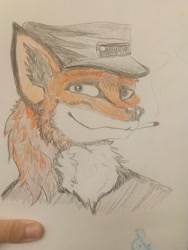 Size: 2448x3264 | Tagged: safe, artist:andandampersand, oc, oc only, oc:bark obsidian, diamond dog, fox, hybrid, barely pony related, bust, cigarette, furry, high res, portrait, solo, traditional art