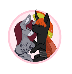 Size: 742x759 | Tagged: safe, artist:kathepart, edit, oc, oc only, oc:fire heart/passion blaze, oc:selune darkeye, changeling, pony, unicorn, changeling oc, circle background, coat markings, duo, ear fluff, eyes closed, facial markings, happy, holeless, horn, markings, nuzzling, oc x oc, orange changeling, pony oc, shipping, signature, simple background, smiling, snip (coat marking), unicorn oc, white background