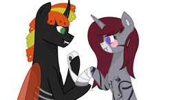 Size: 1328x768 | Tagged: safe, artist:kathepart, oc, oc only, oc:fire heart/passion blaze, oc:selune darkeye, changeling, pony, unicorn, bandage, bandaged leg, blushing, changeling oc, coat markings, duo, ear fluff, facial markings, green eyes, happy, holeless, horn, markings, oc x oc, orange changeling, pony oc, purple eyes, shipping, signature, simple background, smiling, snip (coat marking), unicorn oc, white background