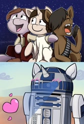 Size: 735x1088 | Tagged: safe, artist:midnightpremiere, earth pony, pony, robot, unicorn, astromech droid, blushing, chewbacca, fangs, female, han solo, heart, male, mare, open mouth, open smile, ponified, princess leia, projector, r2-d2, rule 85, smiling, stallion, star wars, yawn