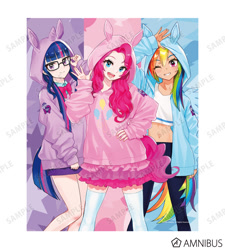 Size: 720x800 | Tagged: safe, artist:yoshit_m, pinkie pie, rainbow dash, sci-twi, twilight sparkle, human, equestria girls, g4, official, amnibus, clothes, cutie mark on clothes, equestria girls logo, glasses, hoodie, human coloration, merchandise, midriff, one eye closed, open mouth, simple background, smiling, text, white background, wink