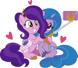 Size: 3149x2739 | Tagged: safe, artist:thatusualguy06, izzy moonbow, pipp petals, pegasus, pony, unicorn, g5, .svg available, adorapipp, cute, female, grin, happy, heart, high res, mare, phone, selfie, selfie stick, simple background, sitting, smiling, svg, transparent background, vector