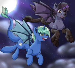 Size: 2200x2000 | Tagged: safe, artist:novaspark, oc, oc only, oc:nova spark, oc:nyn indigo, bat pony, monster pony, original species, tatzlpony, timber wolf, bat ponified, duo, flying, high res, in memoriam, memorial, night, race swap, rest in peace