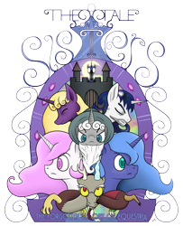 Size: 3150x3870 | Tagged: safe, artist:underwoodart, discord, nightmare moon, princess celestia, princess luna, star swirl the bearded, oc, oc:cosmos sol, oc:faust dreamscape, alicorn, pony, unicorn, the tale of two sisters, g4, castle, cover art, eyes closed, female, gem, hat, high res, magic mirror, male, mare, mirror, moon, pink-mane celestia, poster, s1 luna, simple background, sparkles, stallion, stubble, swirls, text, title, transparent background, wizard hat