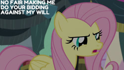 Size: 1280x720 | Tagged: safe, edit, edited screencap, editor:quoterific, screencap, angel bunny, fluttershy, pegasus, pony, g4, season 9, she talks to angel, body swap, female, mare, open mouth, solo, text