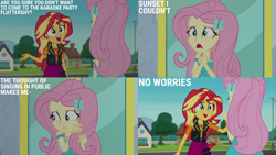 Size: 1280x720 | Tagged: safe, edit, edited screencap, editor:quoterific, screencap, fluttershy, sunset shimmer, human, equestria girls, g4, my little pony equestria girls: better together, so much more to me, clothes, cutie mark on clothes, duo, duo female, female, geode of empathy, geode of fauna, hairpin, jewelry, leather, leather vest, magical geodes, necklace, open mouth, open smile, smiling, text, vest