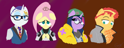 Size: 7016x2737 | Tagged: safe, artist:realgero, fluttershy, rarity, sunset shimmer, twilight sparkle, pegasus, unicorn, anthro, g4, absurd resolution, alternate hairstyle, aside glance, beanie, bust, clothes, female, floppy ears, from under brows, glasses, group, hat, hooves together, jacket, lidded eyes, line-up, looking at you, looking down, looking up, looking up at you, necktie, no pupils, ponytail, quartet, red background, round glasses, simple background, suit, valorant, video game reference