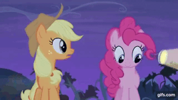 Size: 640x360 | Tagged: safe, screencap, applejack, pinkie pie, earth pony, pony, bats!, g4, season 4, animated, applejack's hat, cowboy hat, duo, eyes closed, female, flashlight (object), floppy ears, gif, gifs.com, hat, mare, night, open mouth, open smile, prehensile mane, silly, silly pony, smiling, this will end in blindness, tree, walking, who's a silly pony