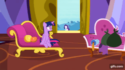 Size: 640x360 | Tagged: safe, screencap, rarity, twilight sparkle, alicorn, pony, unicorn, dragon dropped, g4, season 9, animated, bag, behaving like rarity, couch, duo, eyes closed, fainting couch, female, gif, gifs.com, mare, nodding, open mouth, open smile, open window, pillow, running, smiling, trash, trash bag, twilight sparkle (alicorn), twilight sparkle is not amused, twilight's castle, unamused, window