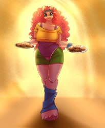 Size: 1676x2048 | Tagged: safe, artist:unfinishedheckery, pinkie pie, earth pony, anthro, unguligrade anthro, g4, 80s, breasts, busty pinkie pie, clothes, cookie, digital art, female, food, looking at you, milf, shirt, shorts, smiling, smiling at you, solo, tail, thighs, wide hips