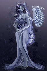 Size: 1365x2048 | Tagged: safe, artist:unfinishedheckery, pegasus, undead, anthro, unguligrade anthro, bone, breasts, clothes, corpse bride, crossover, digital art, dress, female, flower, ponified, skeleton, solo, spread wings, tail, thighs, wedding dress, wide hips, wings