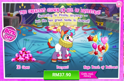 Size: 1040x684 | Tagged: safe, gameloft, ponyacci, earth pony, pony, g4, my little pony: magic princess, advertisement, clown, costs real money, crack is cheaper, gem, introduction card, male, sale, stallion