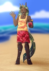 Size: 1406x2048 | Tagged: safe, artist:unfinishedheckery, queen chrysalis, changeling, changeling queen, anthro, g4, beach, clothes, detailed background, digital art, eyes closed, female, horn, king metamorphosis, open mouth, rule 63, shirt, shorts, solo, tail, thighs, waving