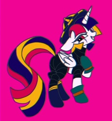 Size: 726x787 | Tagged: safe, artist:stacy_165cut, alicorn, pony, butt, clothes, folded wings, grim reaper (kinnikuman), hat, horn, kinnikuman, looking at you, pink background, plot, ponified, raised hoof, simple background, solo, wings