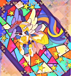 Size: 954x1024 | Tagged: safe, artist:stacy_165cut, alicorn, pony, clothes, hat, horn, kinnikuman, ponified, psychoman (kinnikuman), solo, stained glass, stars, wings