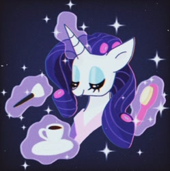 Size: 849x854 | Tagged: safe, artist:stacy_165cut, rarity, pony, unicorn, g4, brush, bust, cup, dark background, drink, eyes closed, female, glowing, glowing horn, hairbrush, horn, magic, magic aura, mare, plate, solo, telekinesis