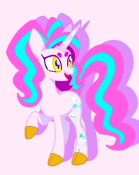 Size: 676x850 | Tagged: safe, artist:stacy_165cut, oc, oc only, pony, unicorn, female, horn, mare, pink background, raised hoof, simple background, solo